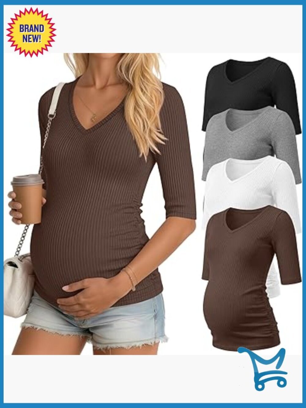 4 Pack Maternity Shirts Cotton Half Sleeve V Neck Ribbed Casual Slim Fit